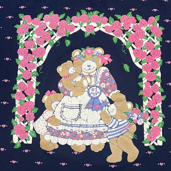 Vintage 90s All Over Print AOP Teddy Bear Tea Party Shirt Puff Print Hearts L - Picture 2 of 7